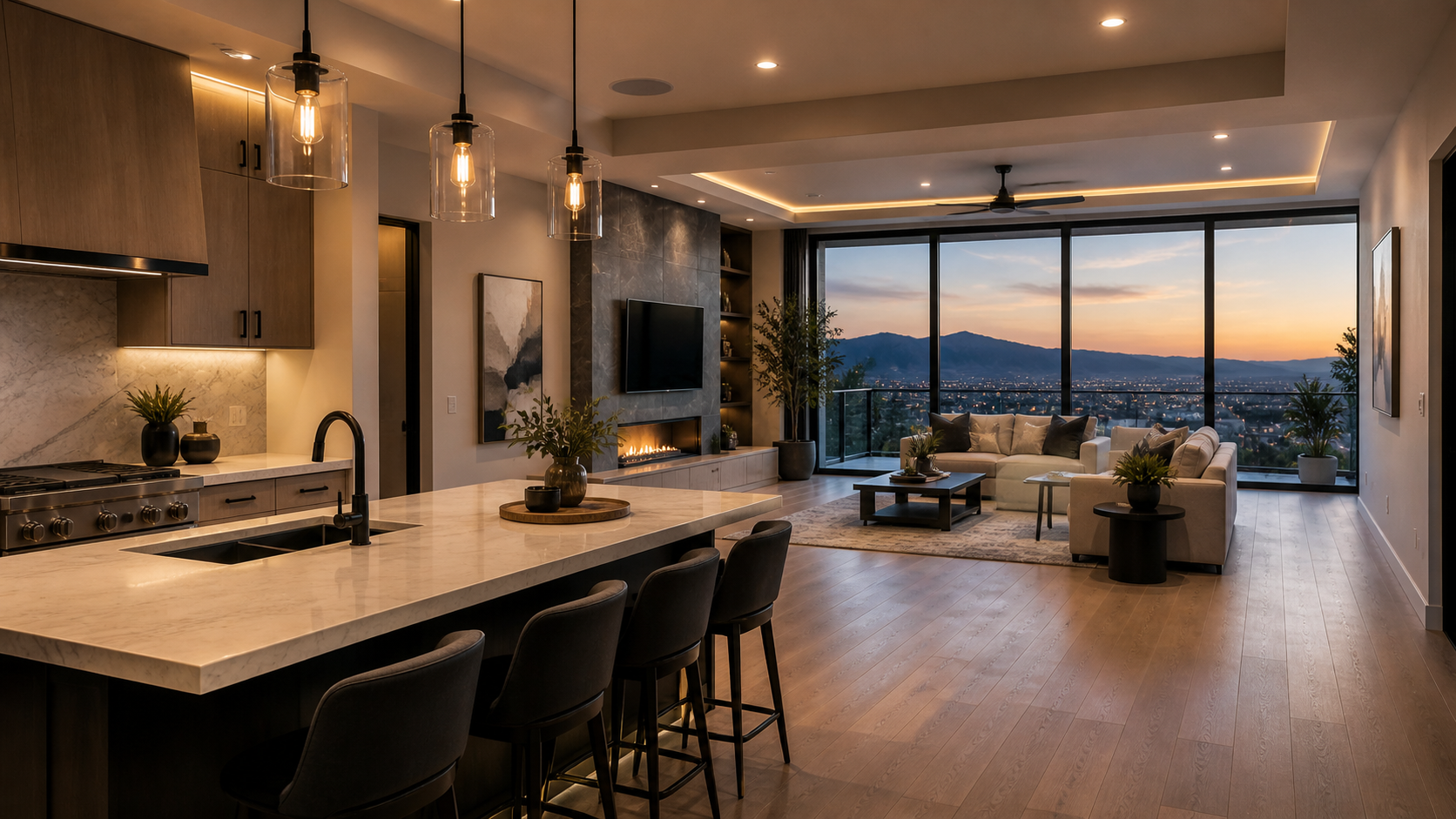 Modern remodeled living room and kitchen in an El Paso, Texas home by JEVAS Innovations